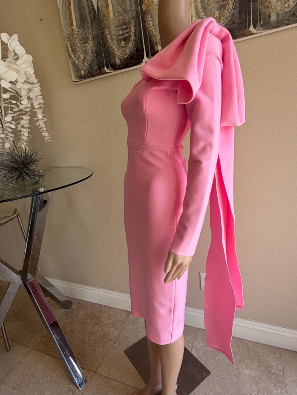 Elegant Pink Long-Sleeve Bodycon Bandage Midi Dress with Statement Bow